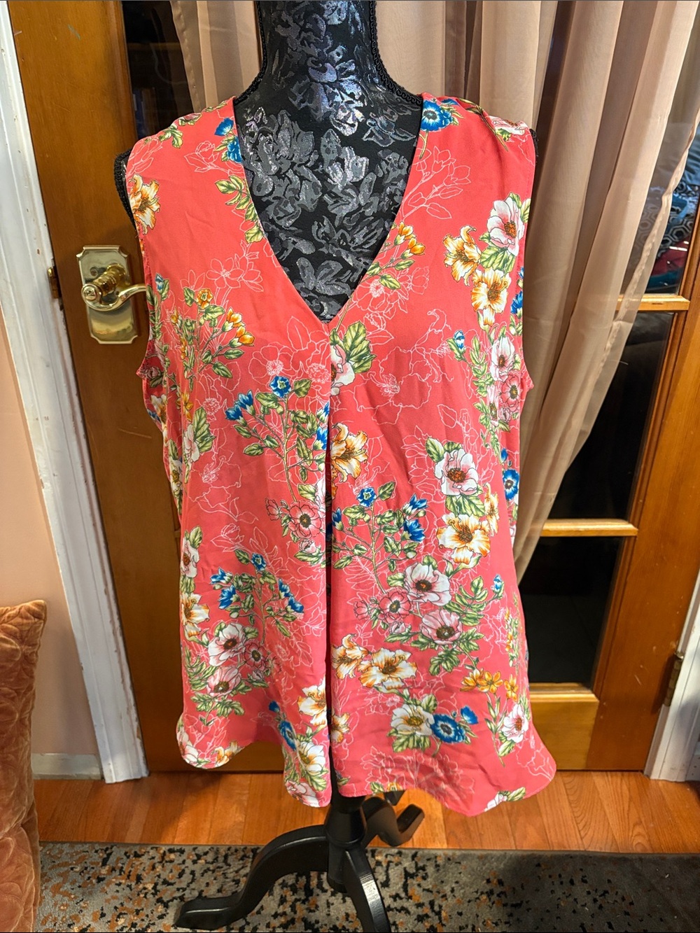 Rose & Olive Coral Floral V-Neck Sleeveless Blouse, xl